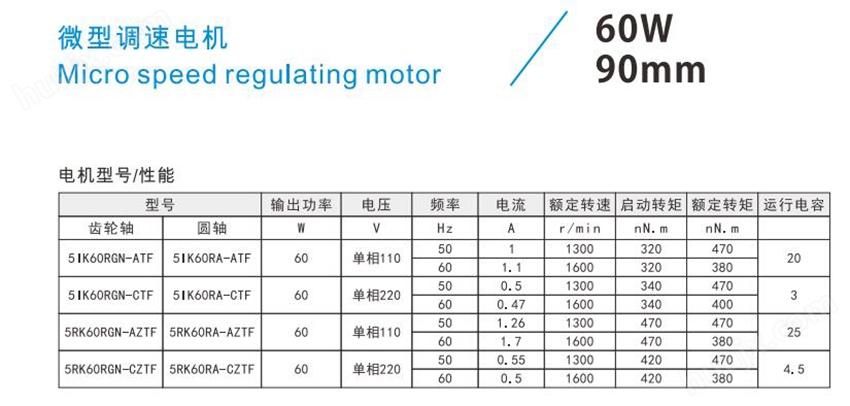 60W90mm微型调速电机型号及性能参数